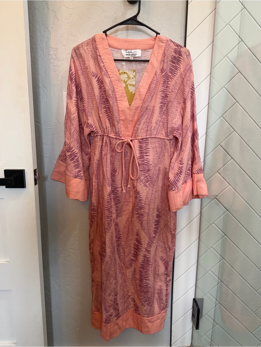 Pink Patterned V-Neck Midi Dress with Drawstring Waist